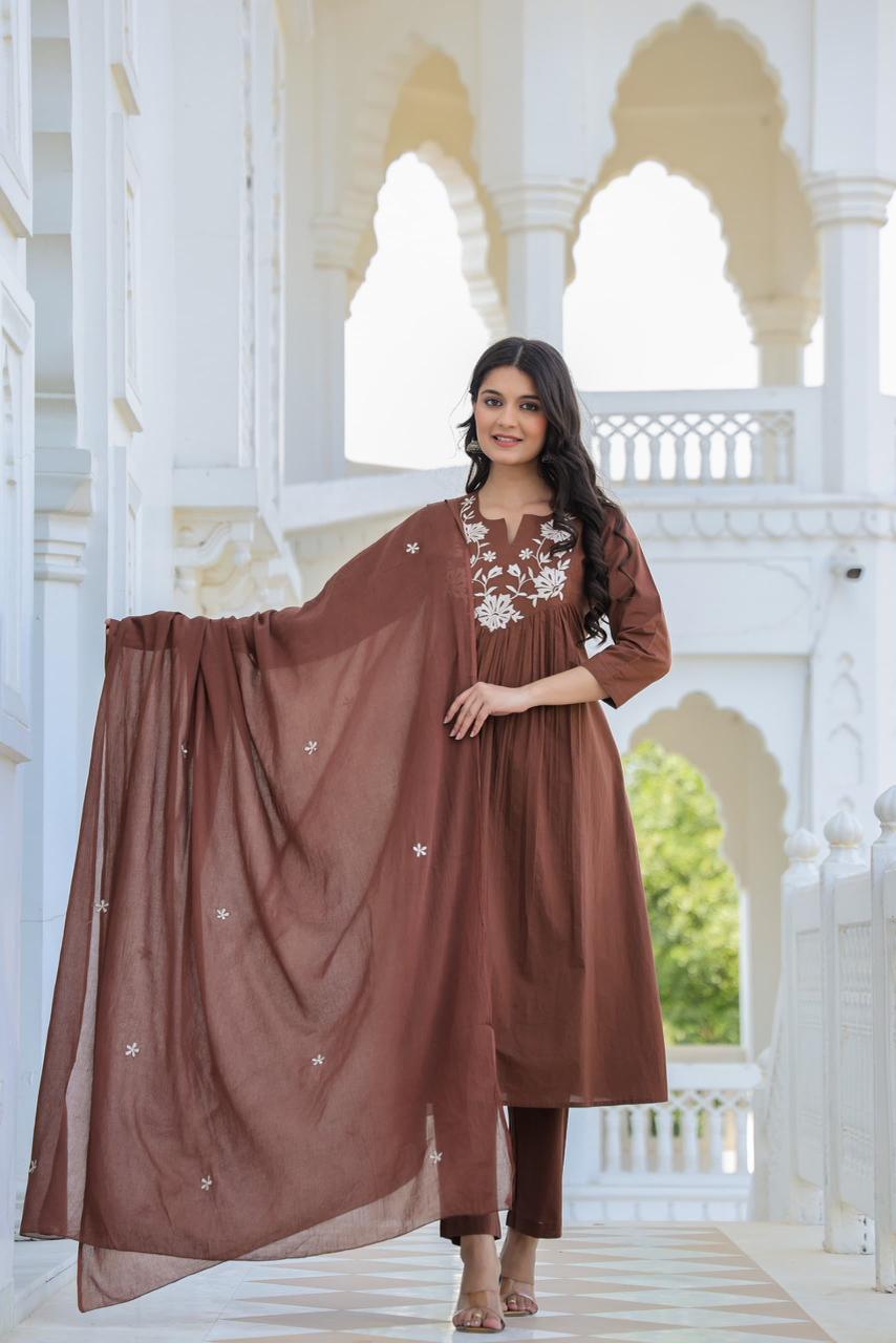 Elegant Brown Embroidered Three-Piece Suit