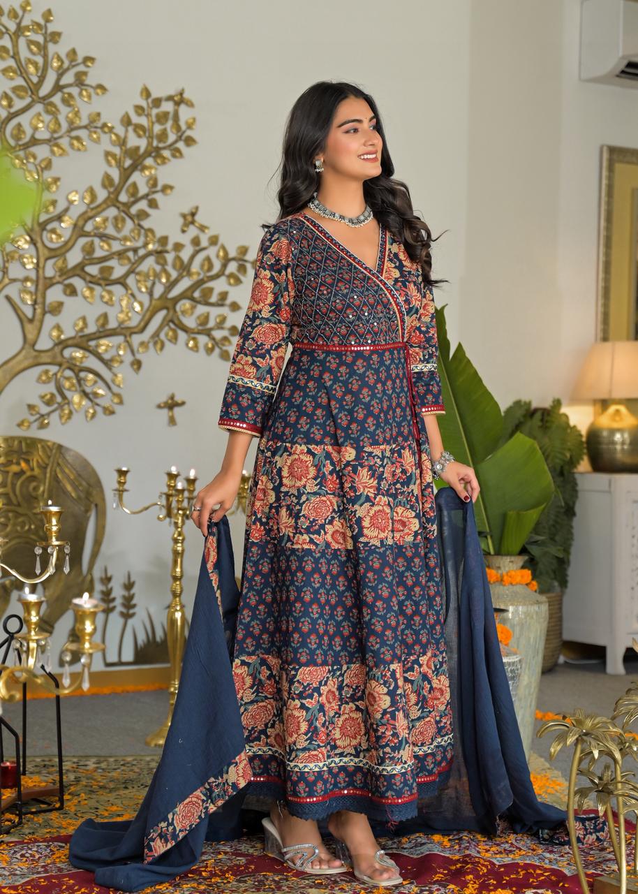 Navy Blue Floral Print Anarkali Dress