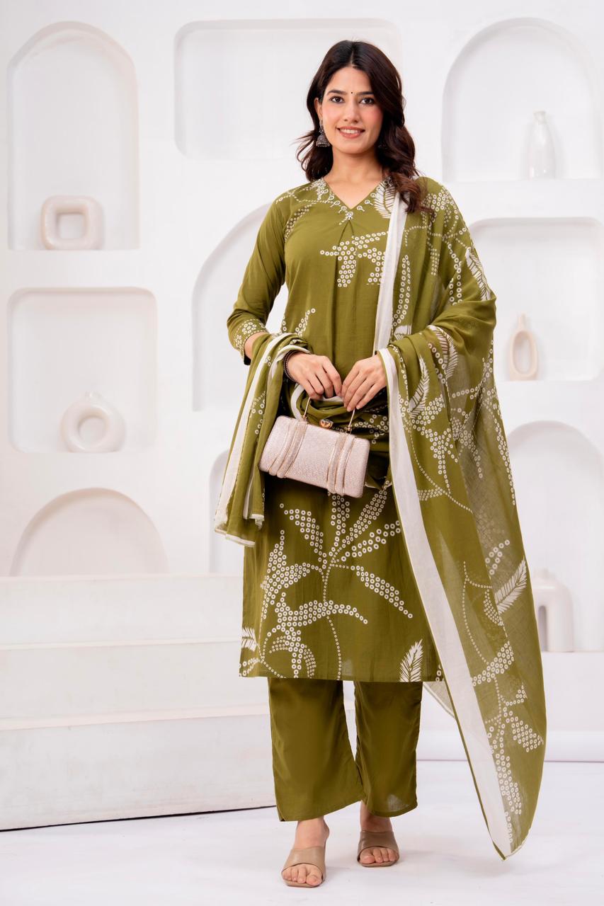 Olive Green Printed Salwar Suit