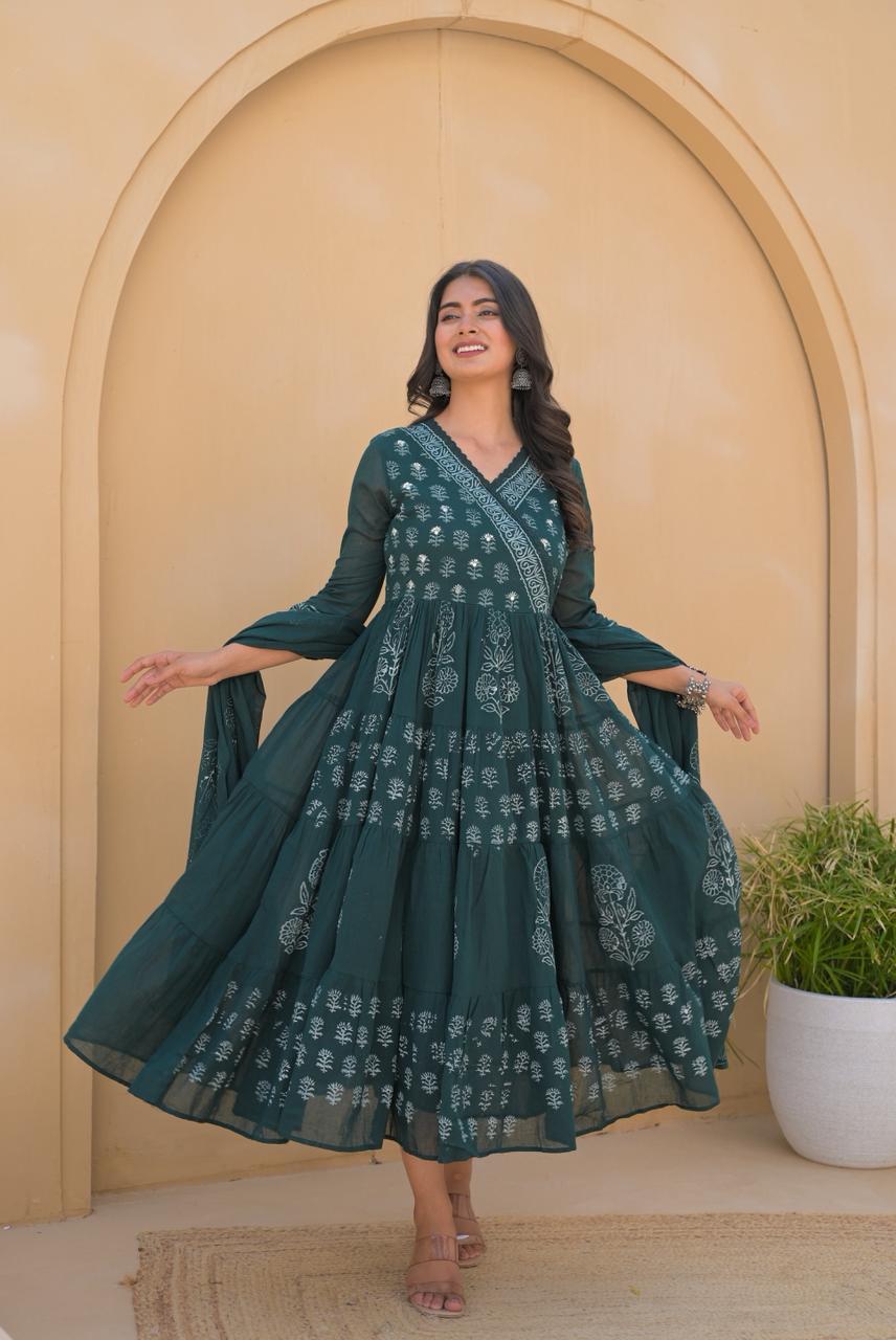 Green Printed Ethnic Maxi Dress