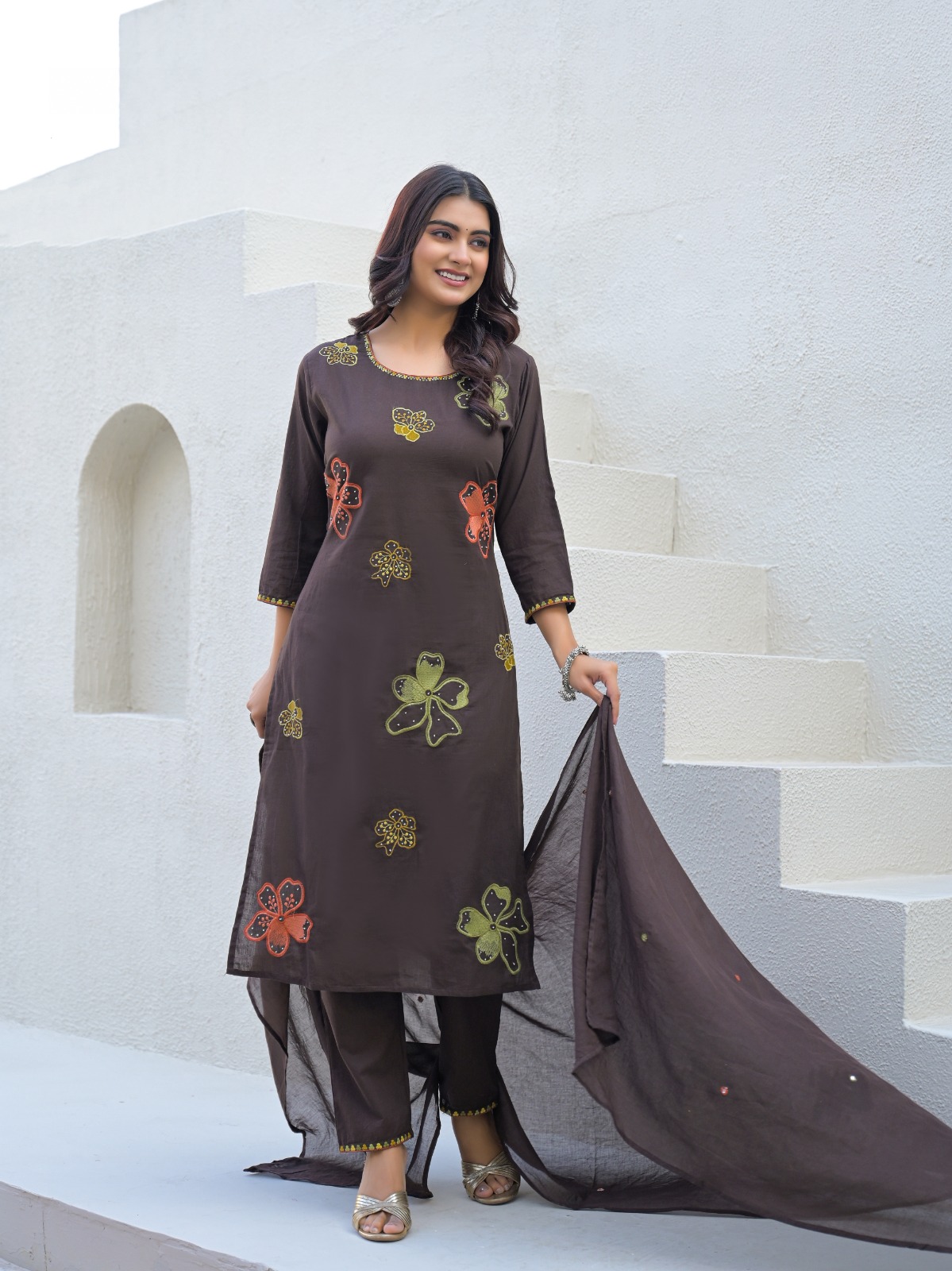 Brown Floral Embroidered Three-Piece Suit