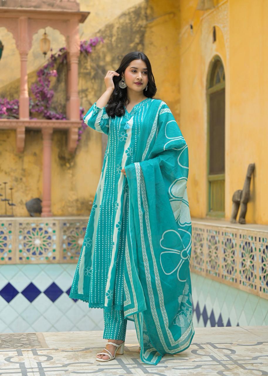 Teal Printed Three-Piece Lawn Suit