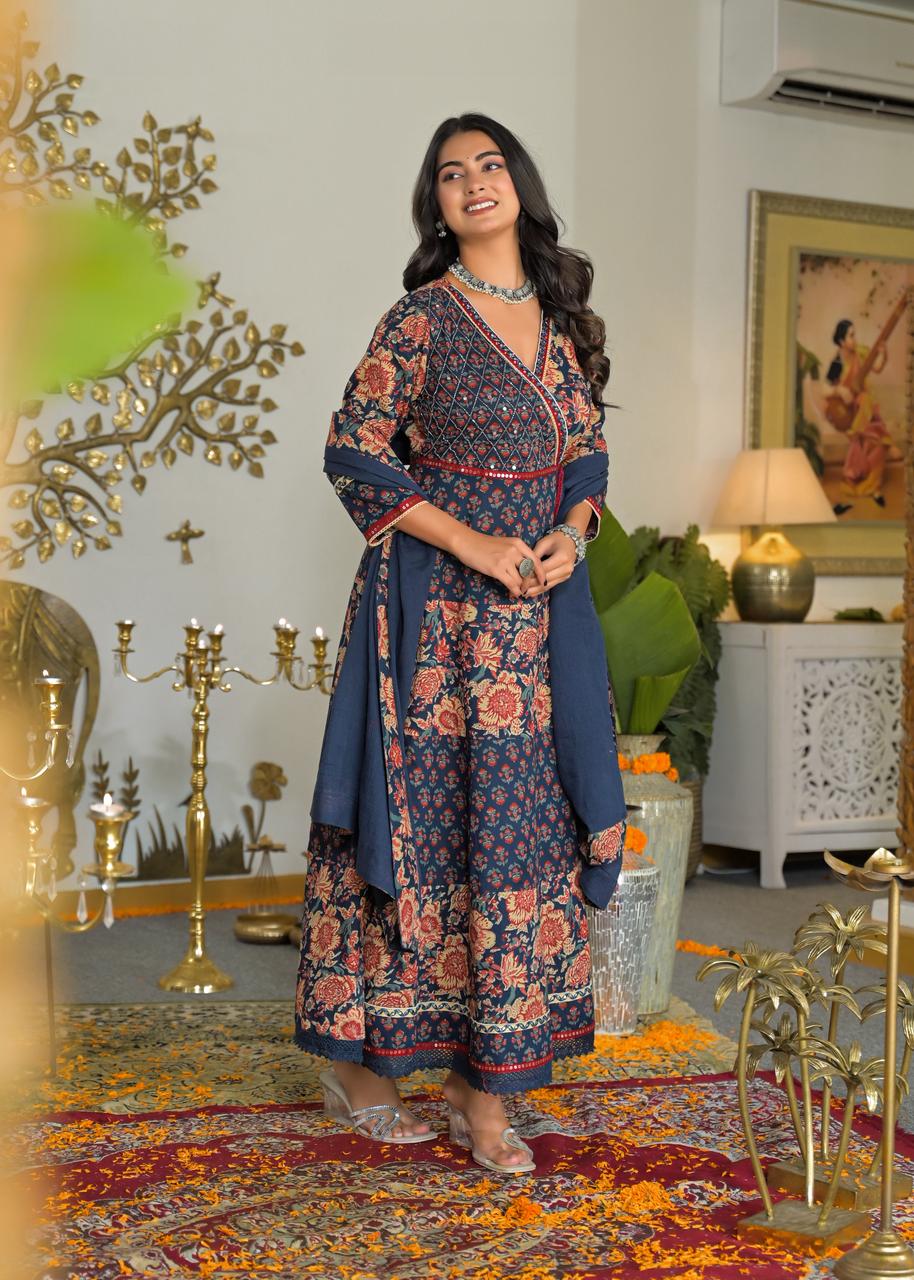 Navy Blue Floral Print Anarkali Dress