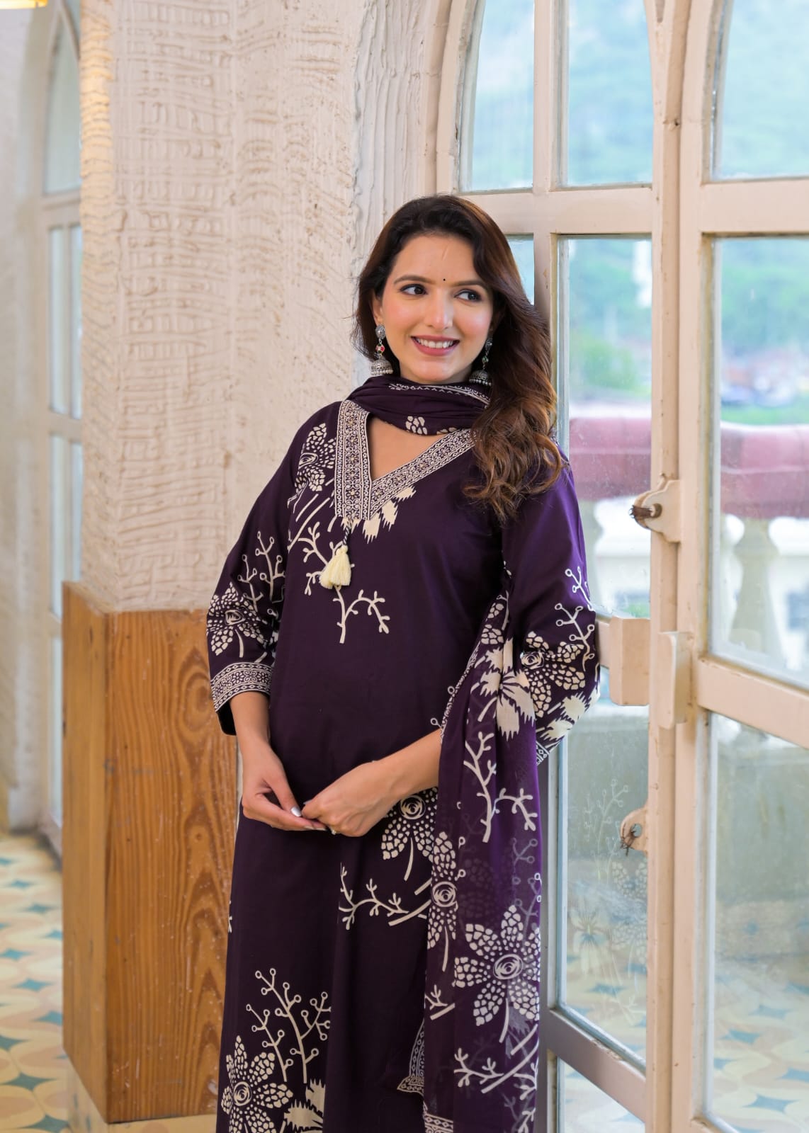 Elegant Purple Floral Embroidered Suit