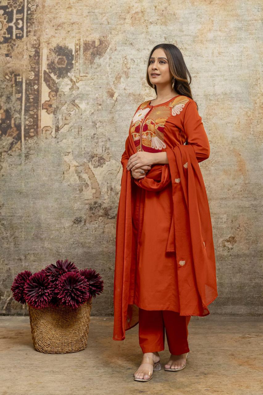 Embroidered Rust Cotton Suit