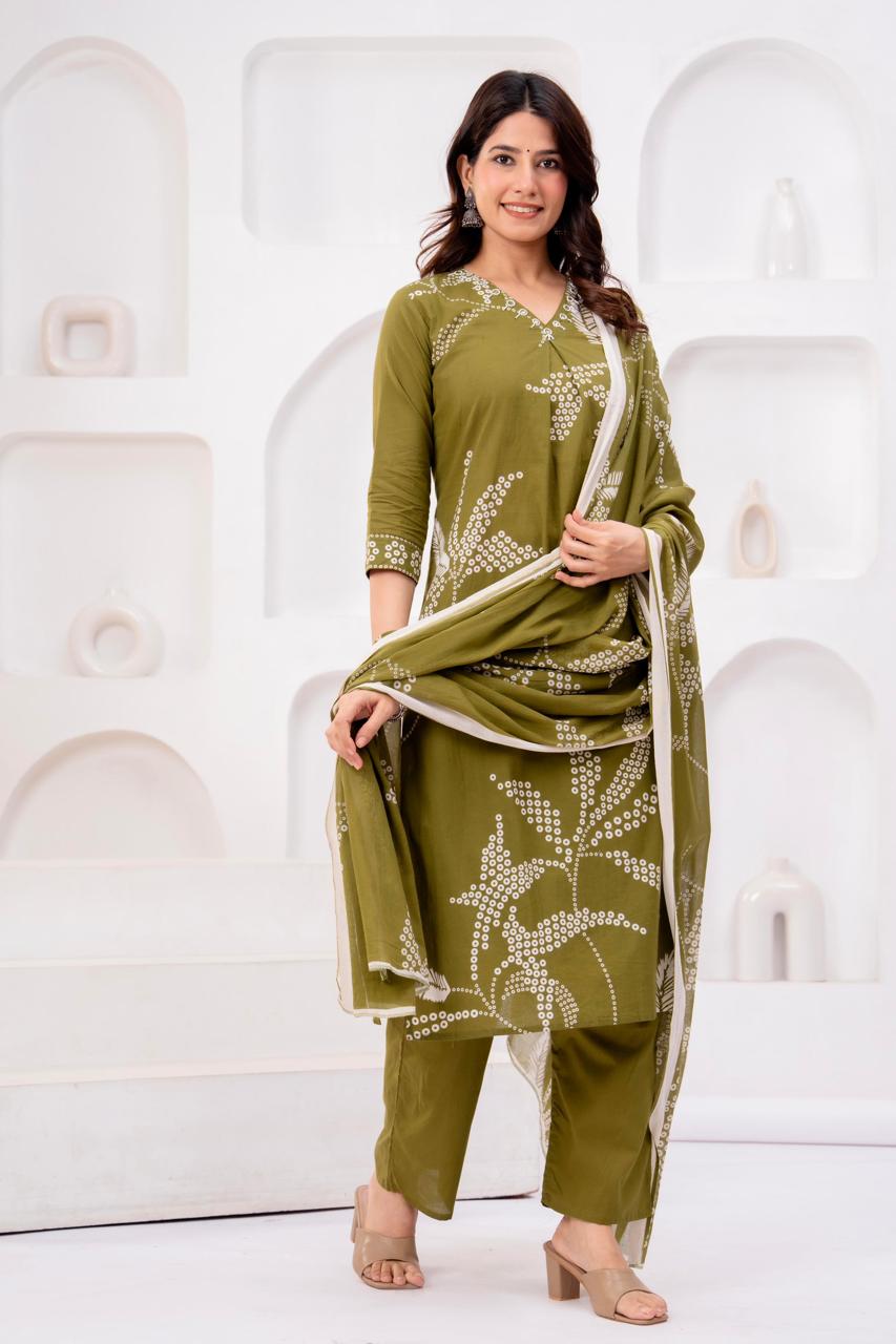 Olive Green Printed Salwar Suit