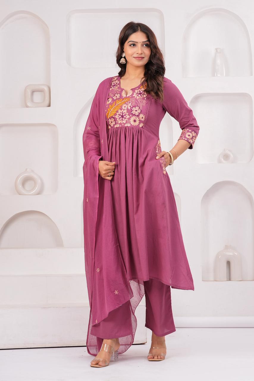 Embroidered three-piece ethnic suit
