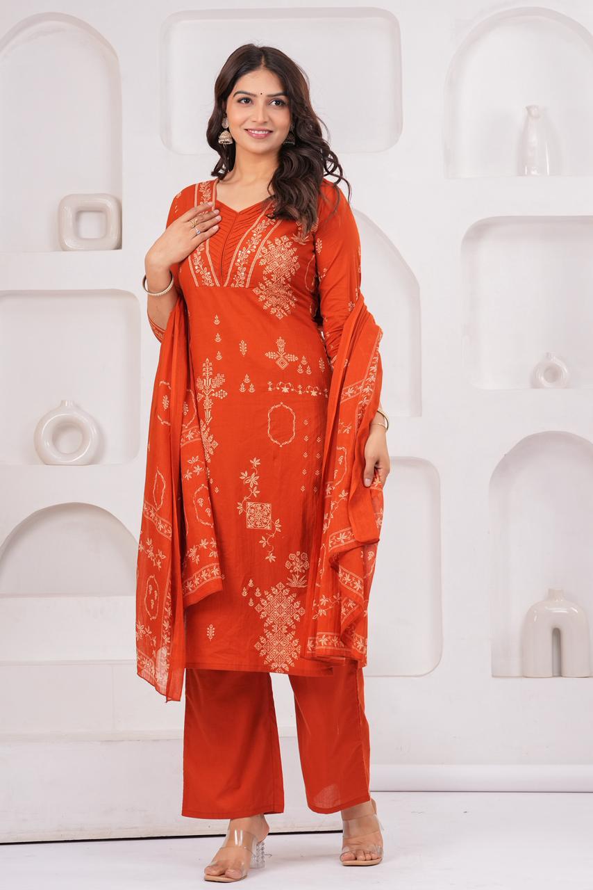 Elegant Orange Printed Kurta Set