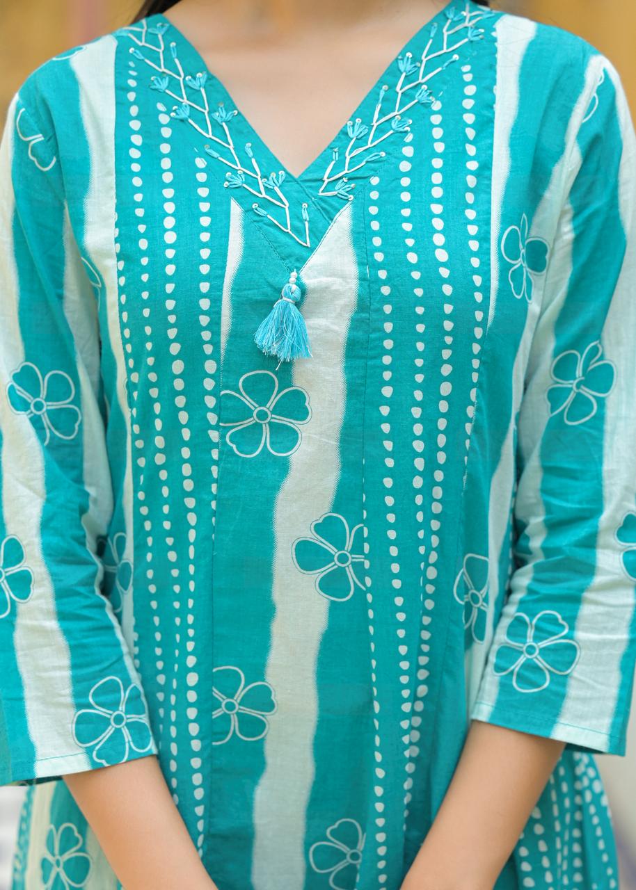 Teal Printed Three-Piece Lawn Suit