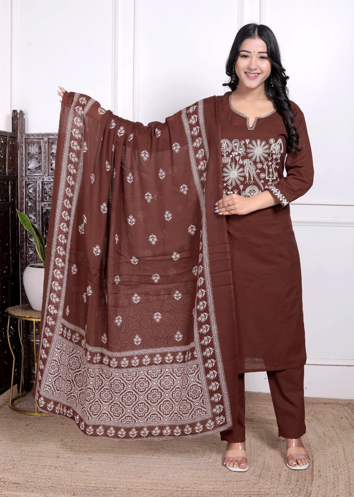Brown Embroidered Three-Piece Suit