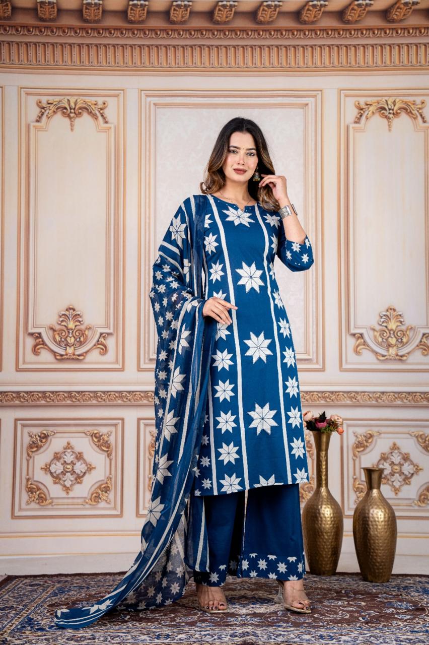 Blue Floral Printed Three-Piece Suit