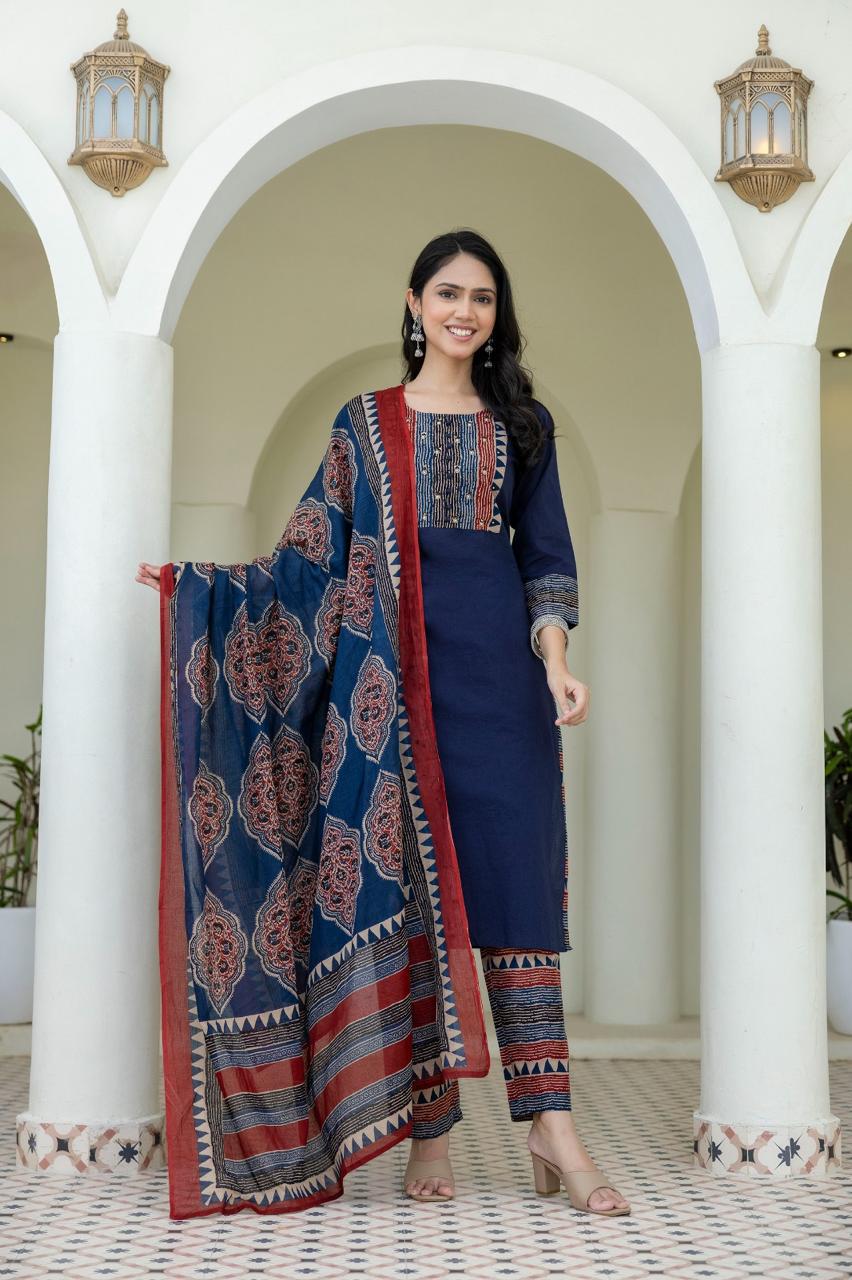 Elegant Navy Blue Printed Lawn Suit