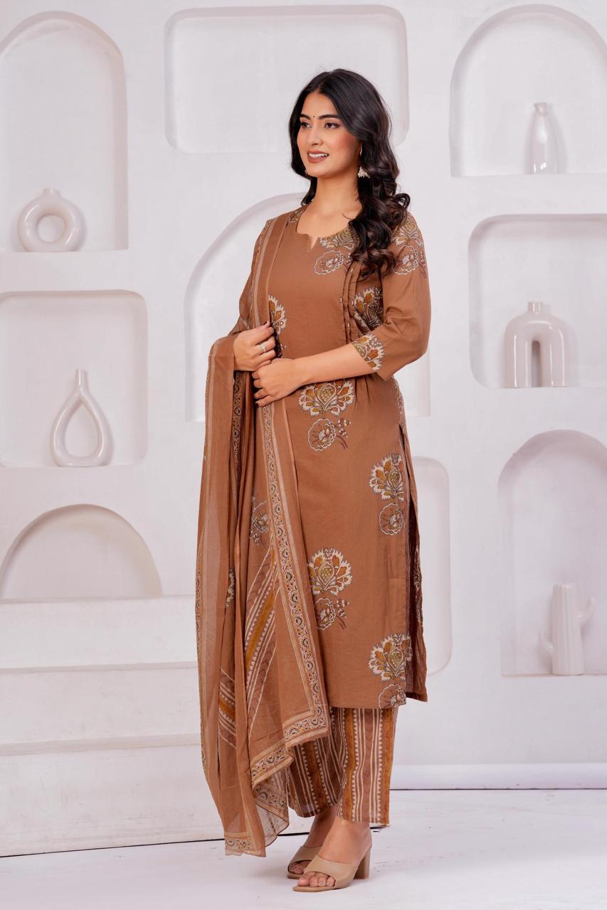 Brown Floral Embroidered Three-Piece Suit