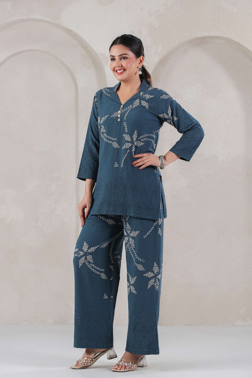 Embroidered Blue Two-Piece Outfit