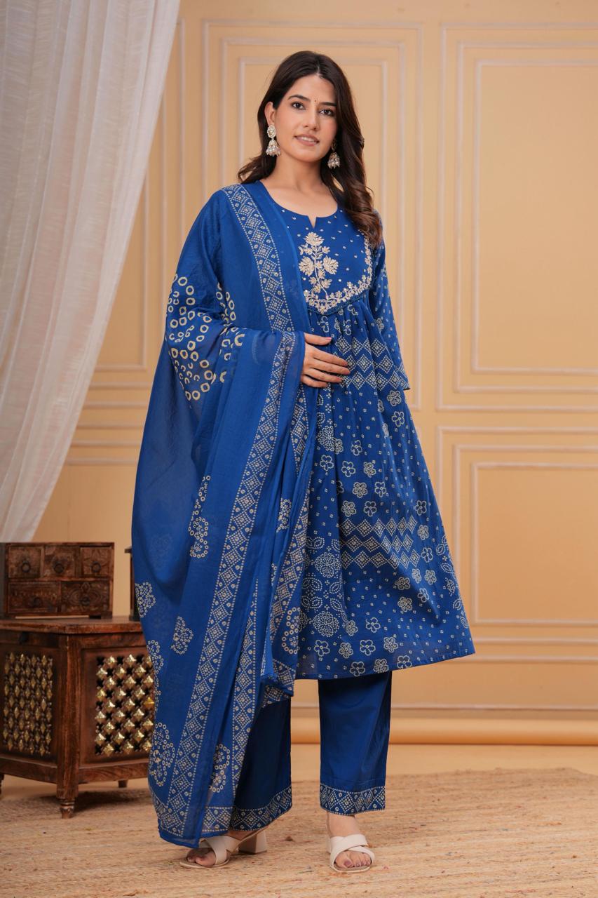 Blue Printed Three-Piece Suit