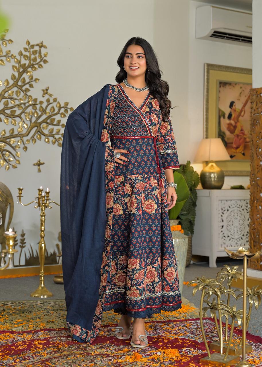 Navy Blue Floral Print Anarkali Dress