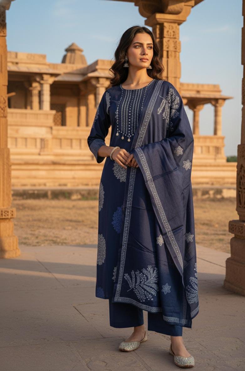 Navy Blue Embroidered Kurta Set