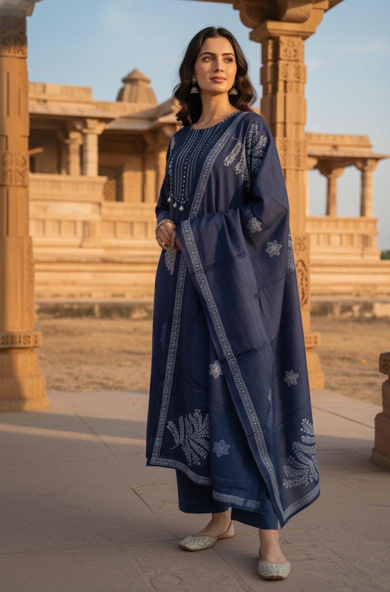 Navy Blue Embroidered Kurta Set
