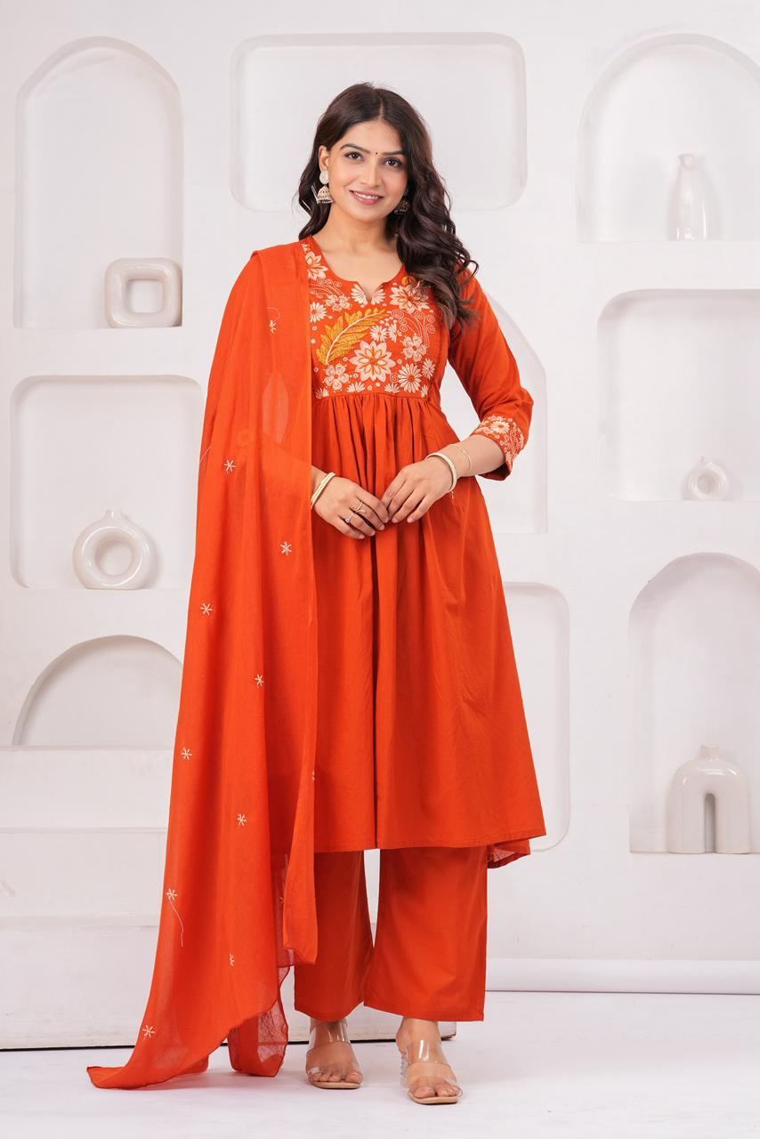 Elegant Orange Embroidered Suit