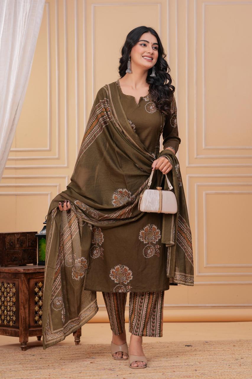 Elegant Olive Green Embroidered Three-Piece Suit