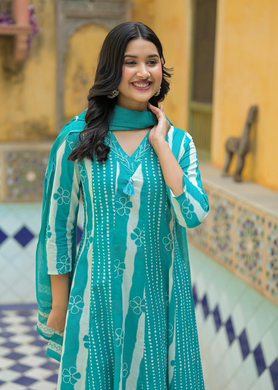 Teal Printed Three-Piece Lawn Suit