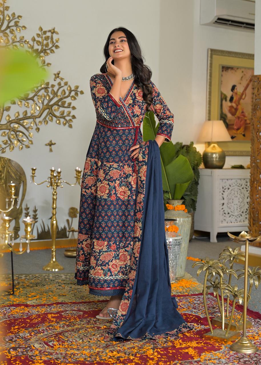 Navy Blue Floral Print Anarkali Dress