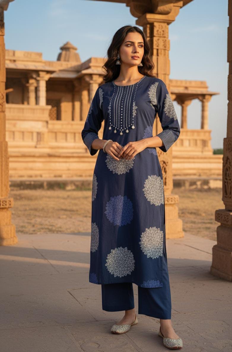 Navy Blue Embroidered Kurta Set