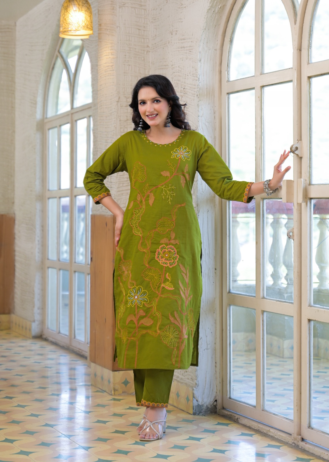 Olive Green Floral Embroidered Suit