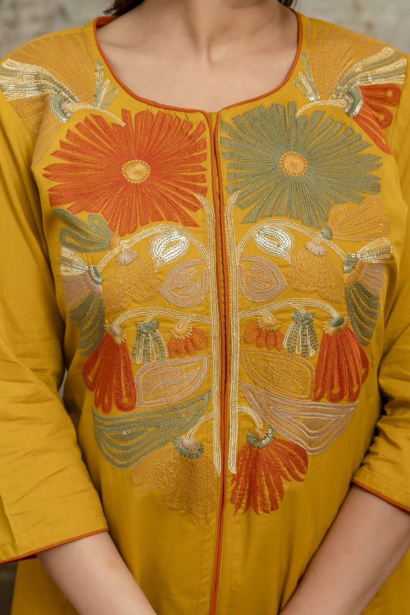 Mustard Yellow Embroidered Kurta Set