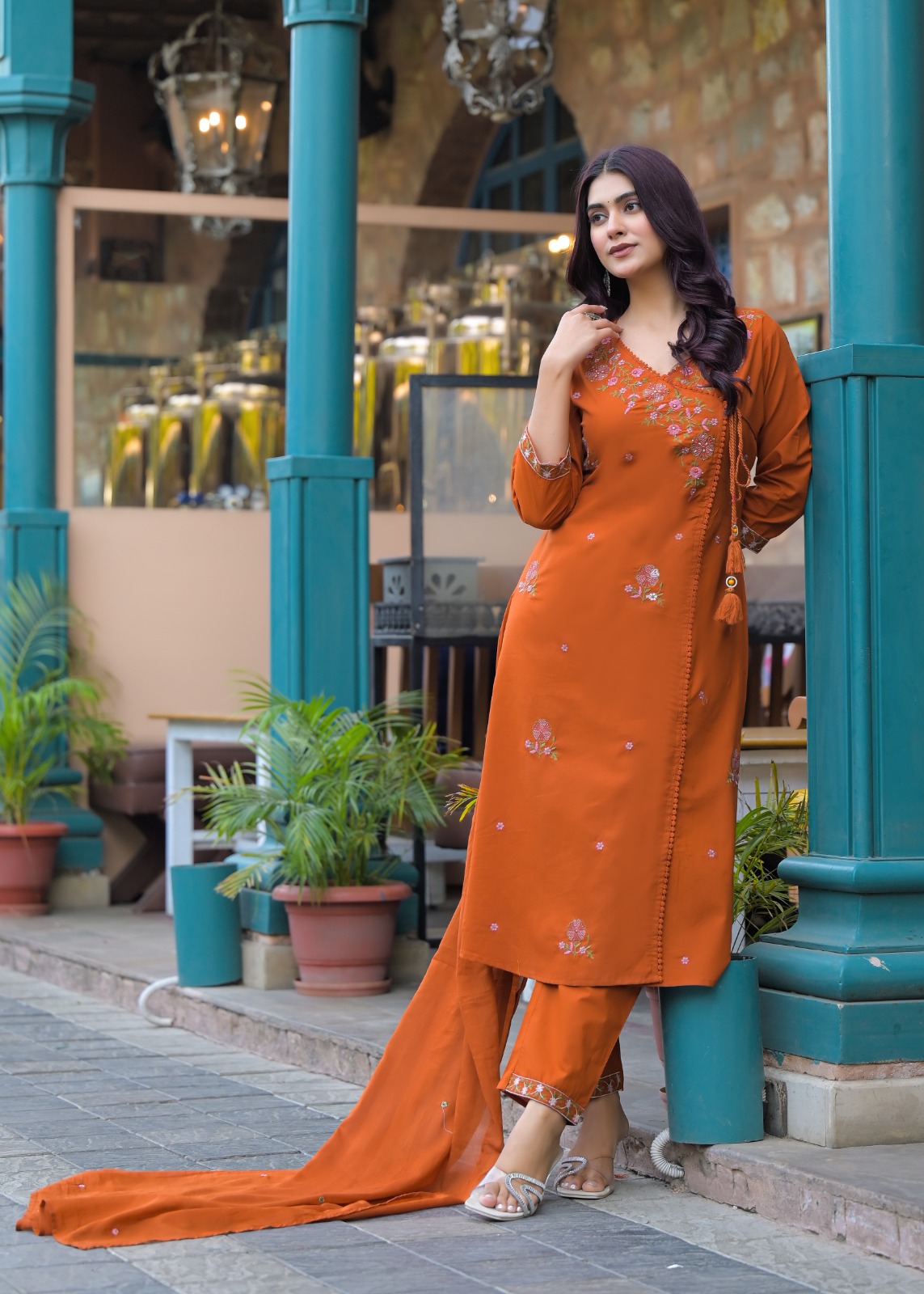 Embroidered Rust Kurta Set