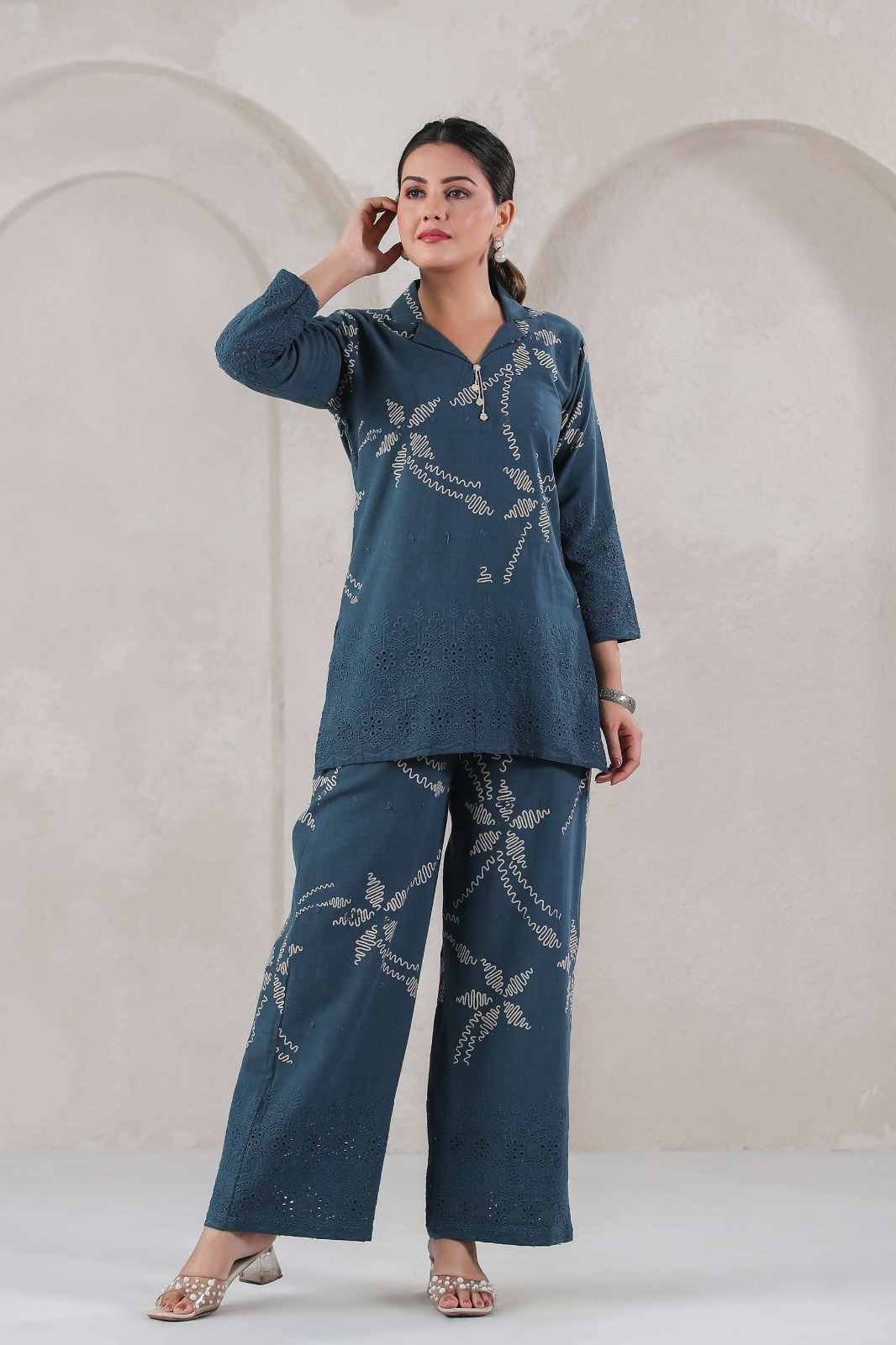 Embroidered Blue Two-Piece Outfit