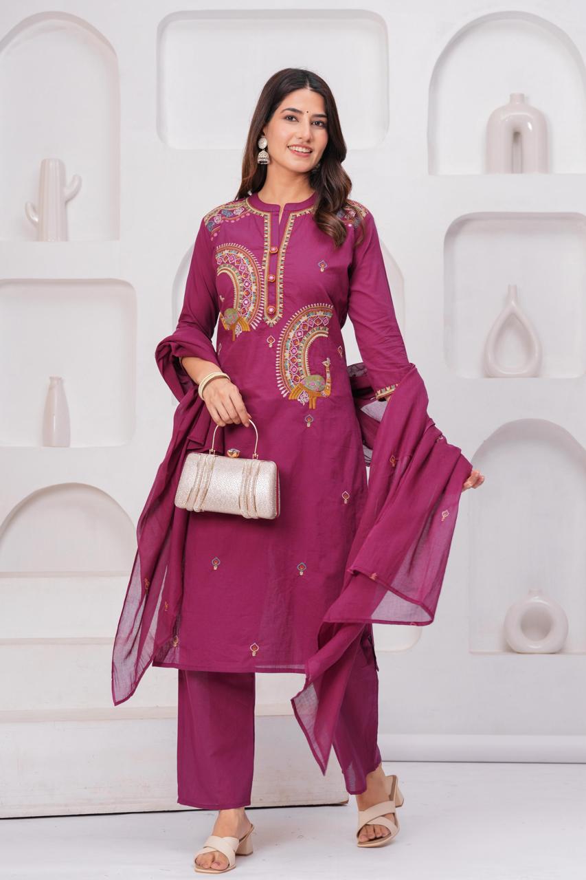 Embroidered Maroon Three-Piece Suit