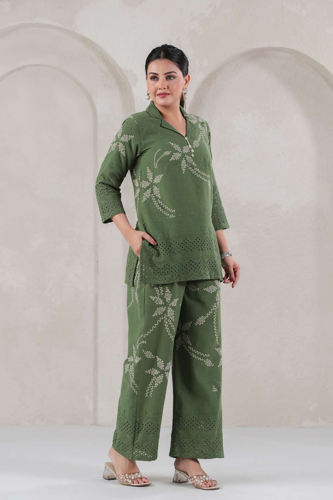 Green Embroidered Two-Piece Suit