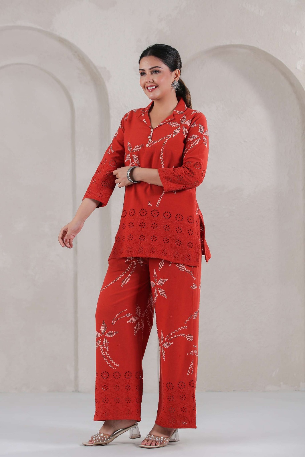 Red Printed Two-Piece Outfit