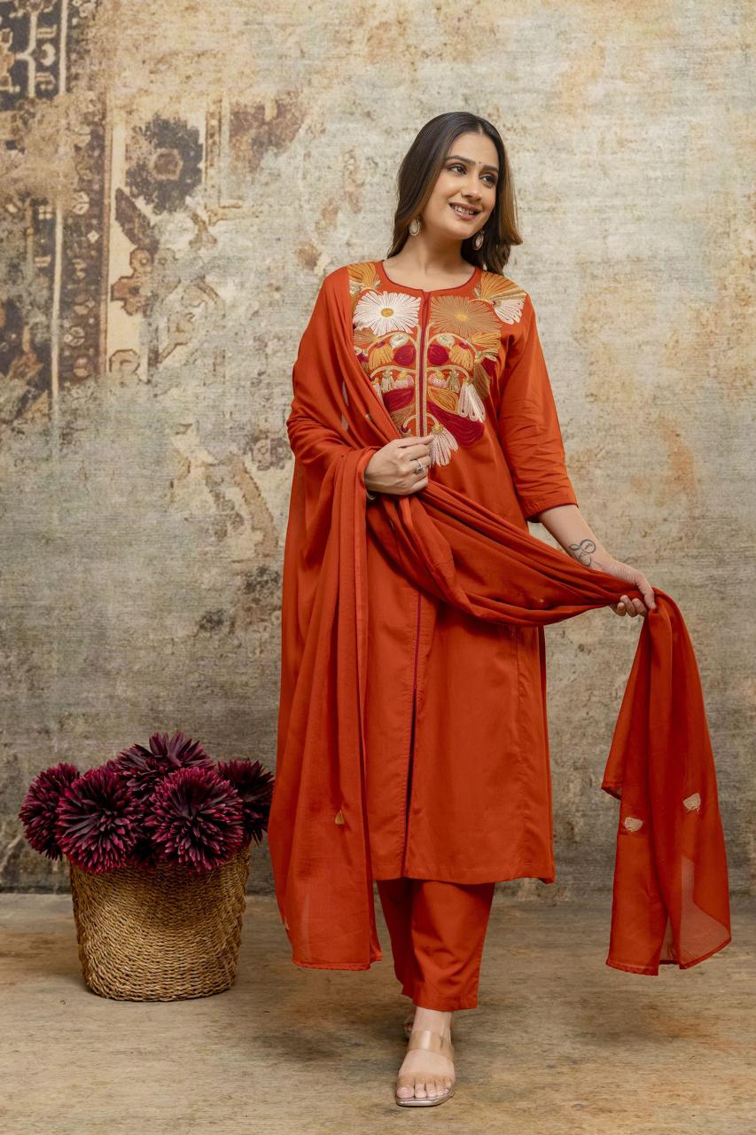 Embroidered Rust Cotton Suit