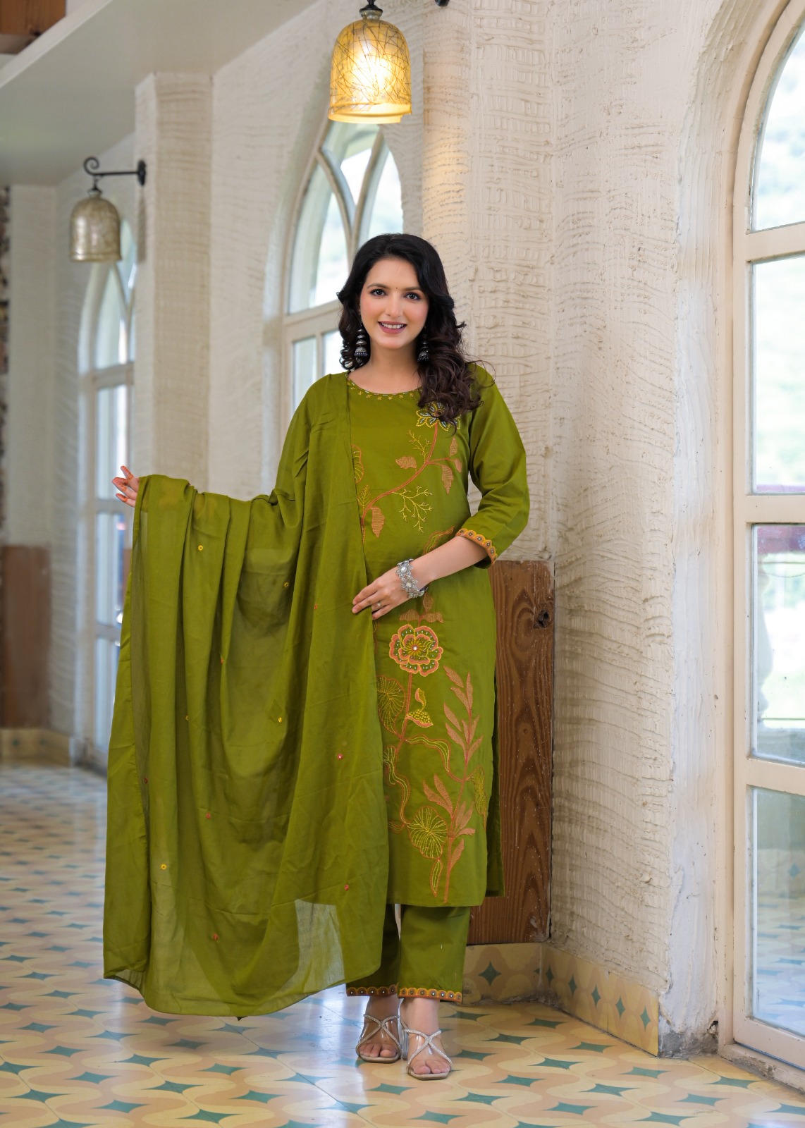 Olive Green Floral Embroidered Suit