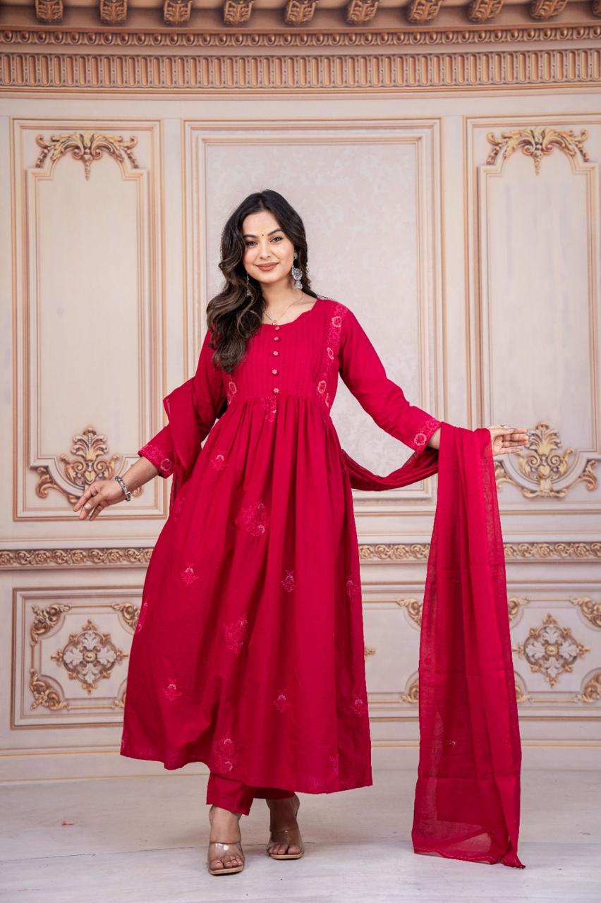 Elegant Red Embroidered Kurti Set