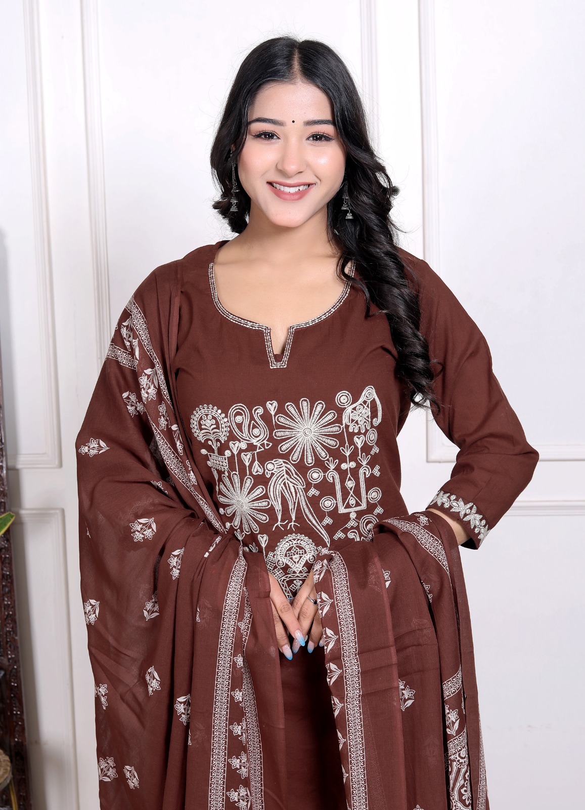 Brown Embroidered Three-Piece Suit