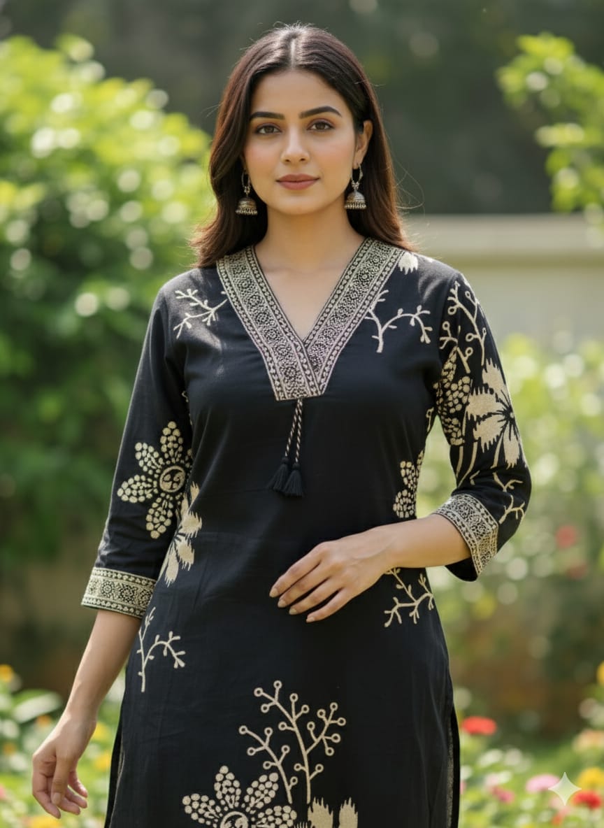 Elegant Floral Black Embroidered Suit