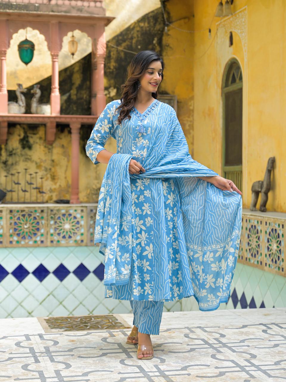 Blue Floral Printed Three-Piece Suit