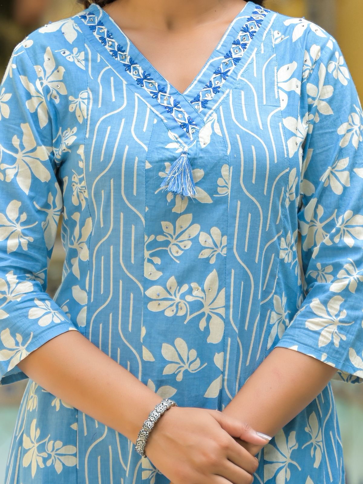 Blue Floral Printed Three-Piece Suit