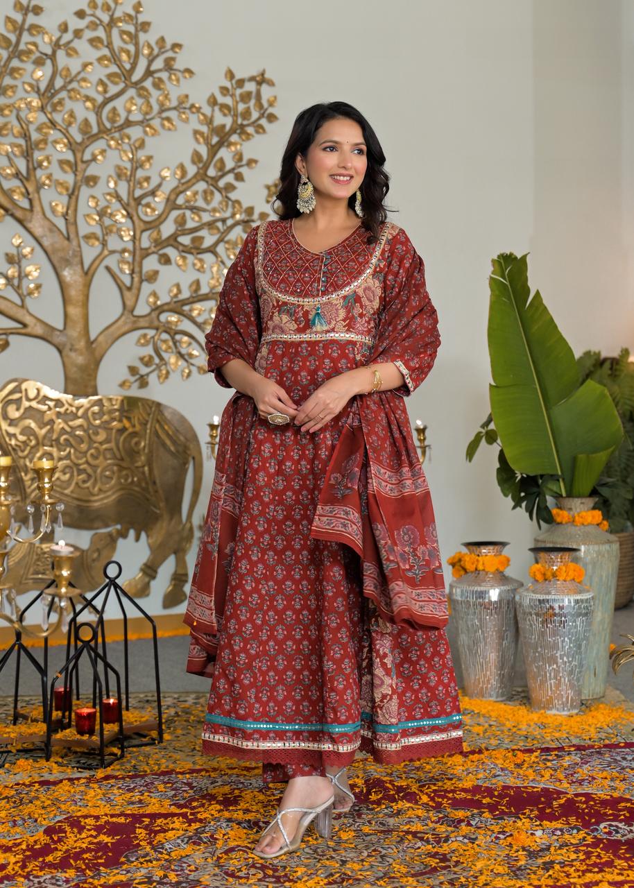 Traditional Red Floral Embroidered Dress