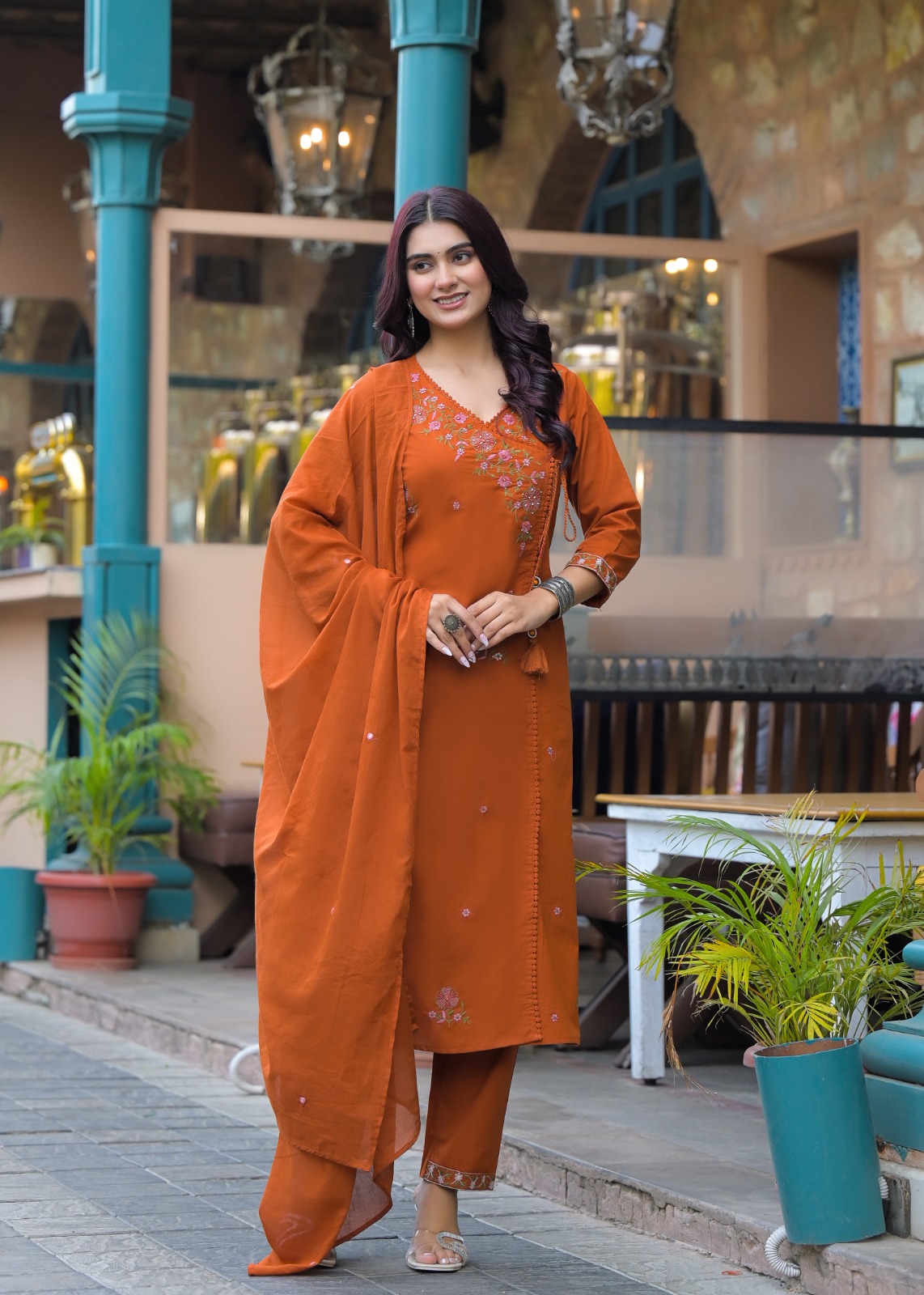 Embroidered Rust Kurta Set