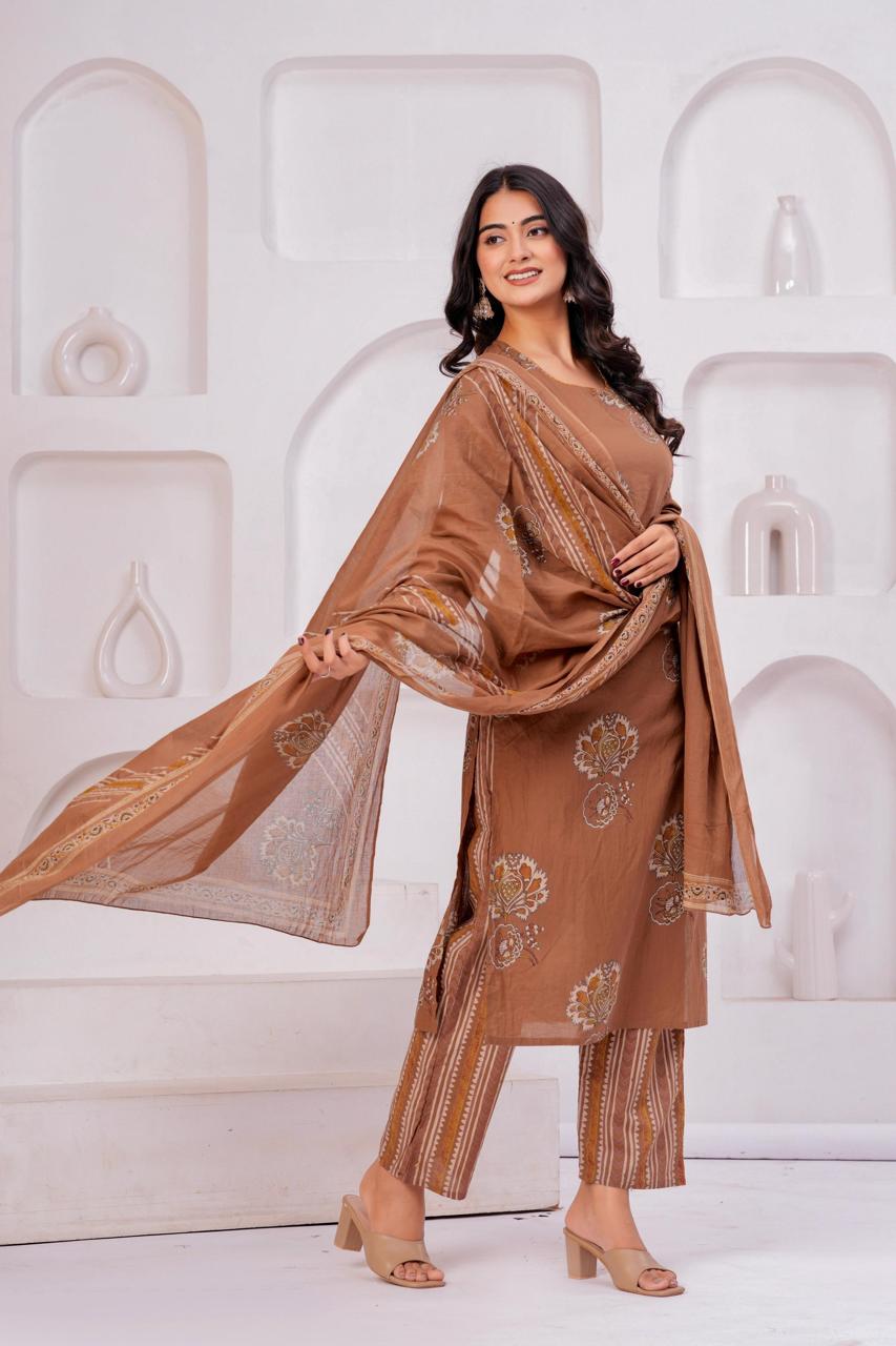 Brown Floral Embroidered Three-Piece Suit