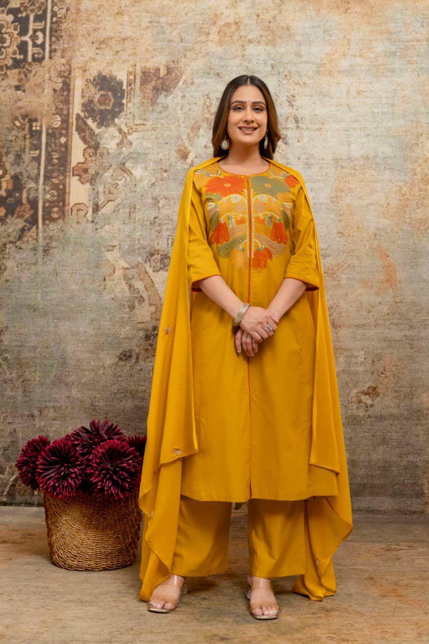 Mustard Yellow Embroidered Kurta Set