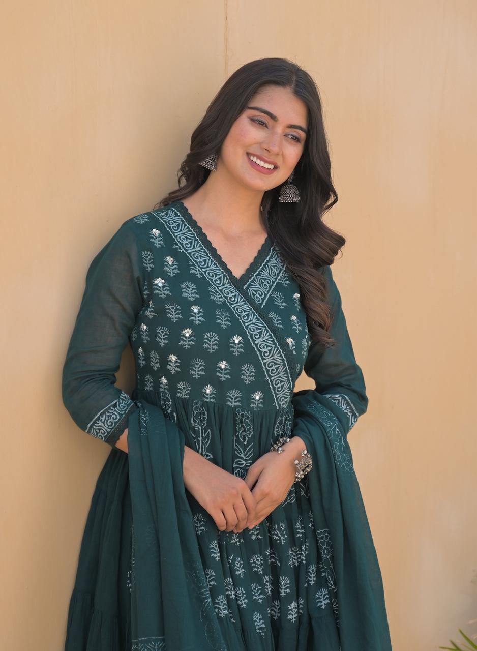 Green Printed Ethnic Maxi Dress