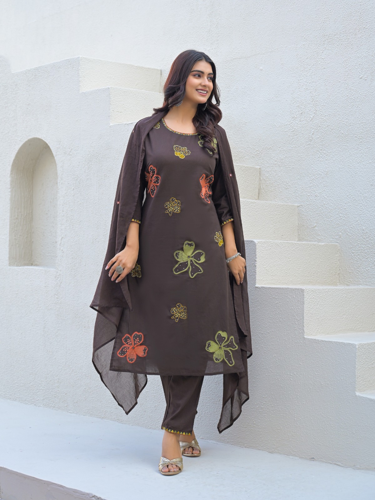 Brown Floral Embroidered Three-Piece Suit