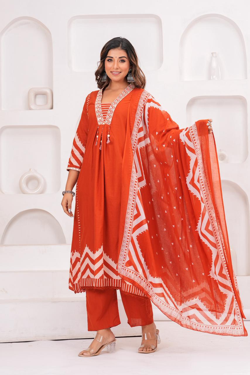 Traditional Orange Embroidered Suit