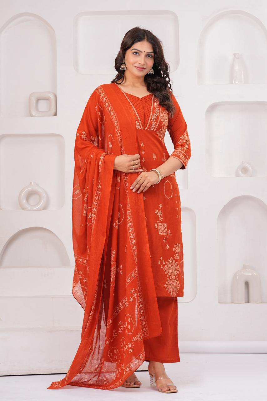 Elegant Orange Printed Kurta Set