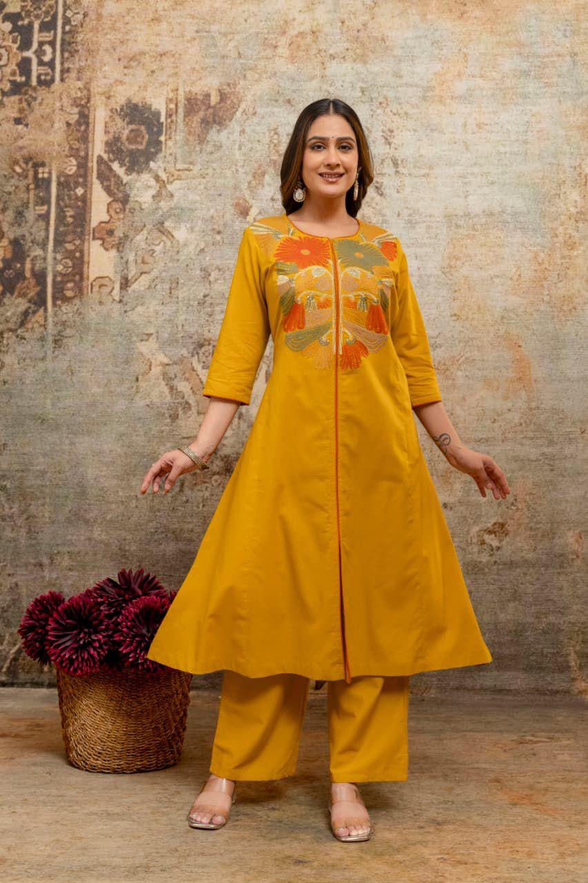Mustard Yellow Embroidered Kurta Set